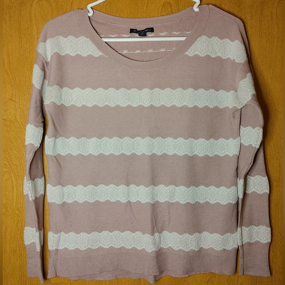 American Eagle Pink and White Striped Sweater S